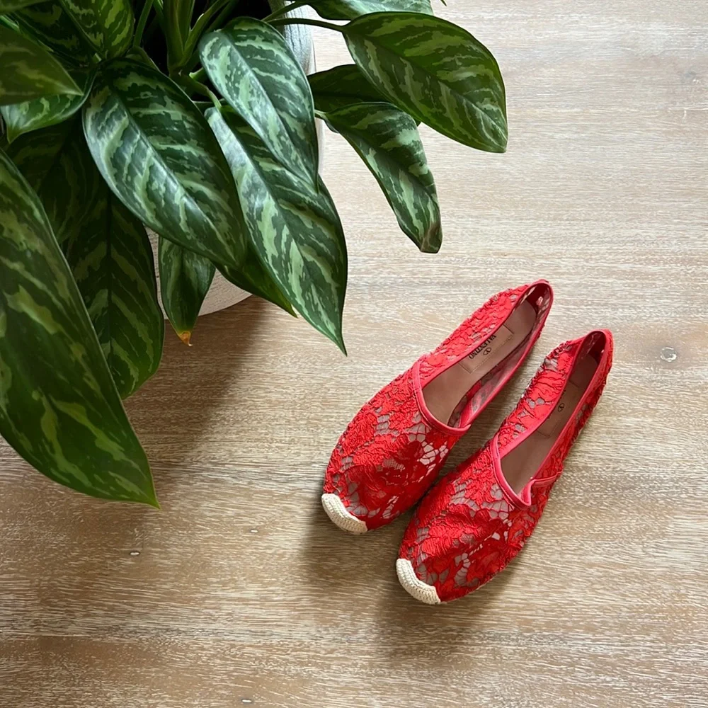 Valentino Garavani Lace Espadrille Flat Red Size 39EU